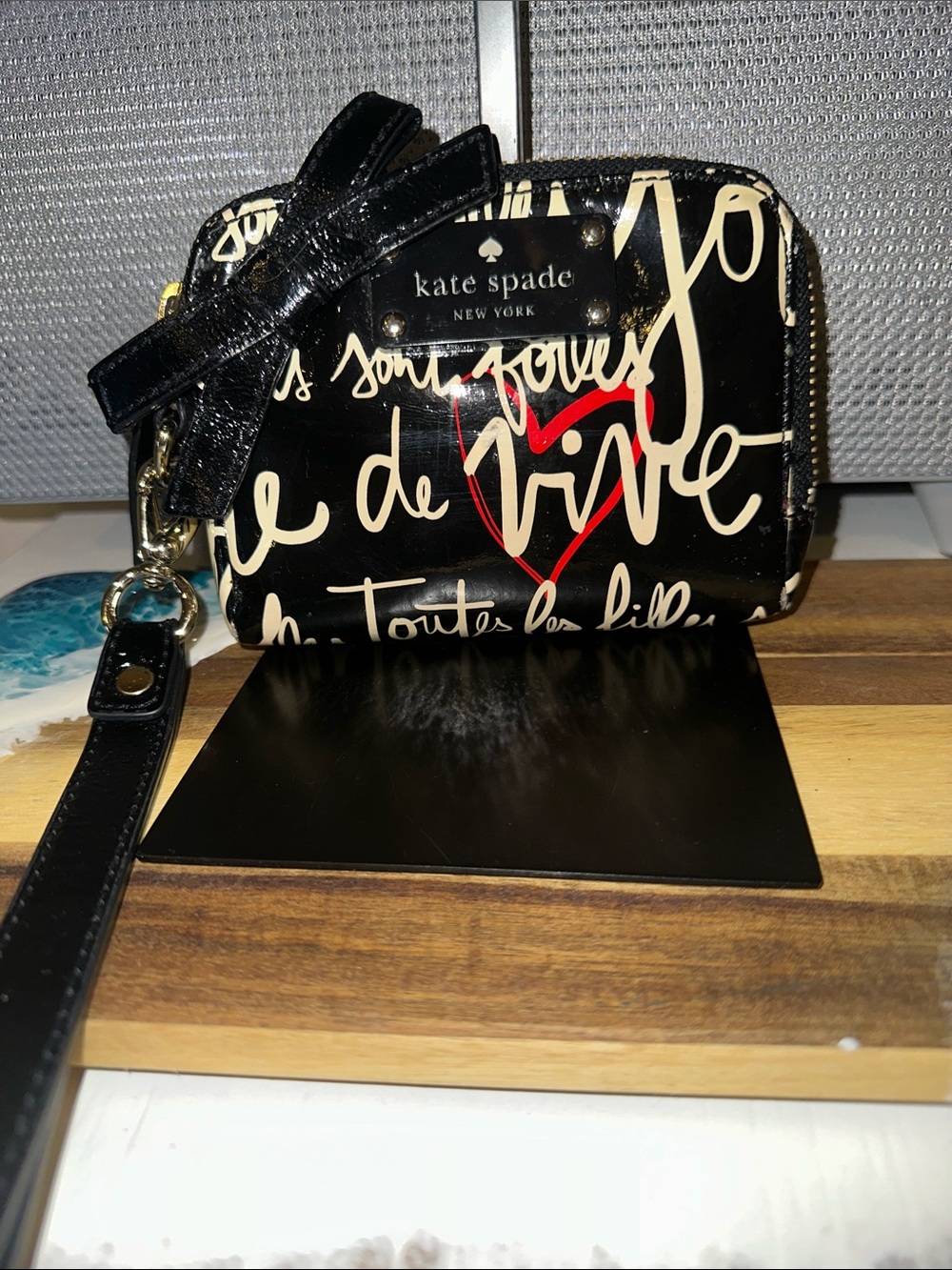 kate spade Black Patent Script Wristlet with Red Heart